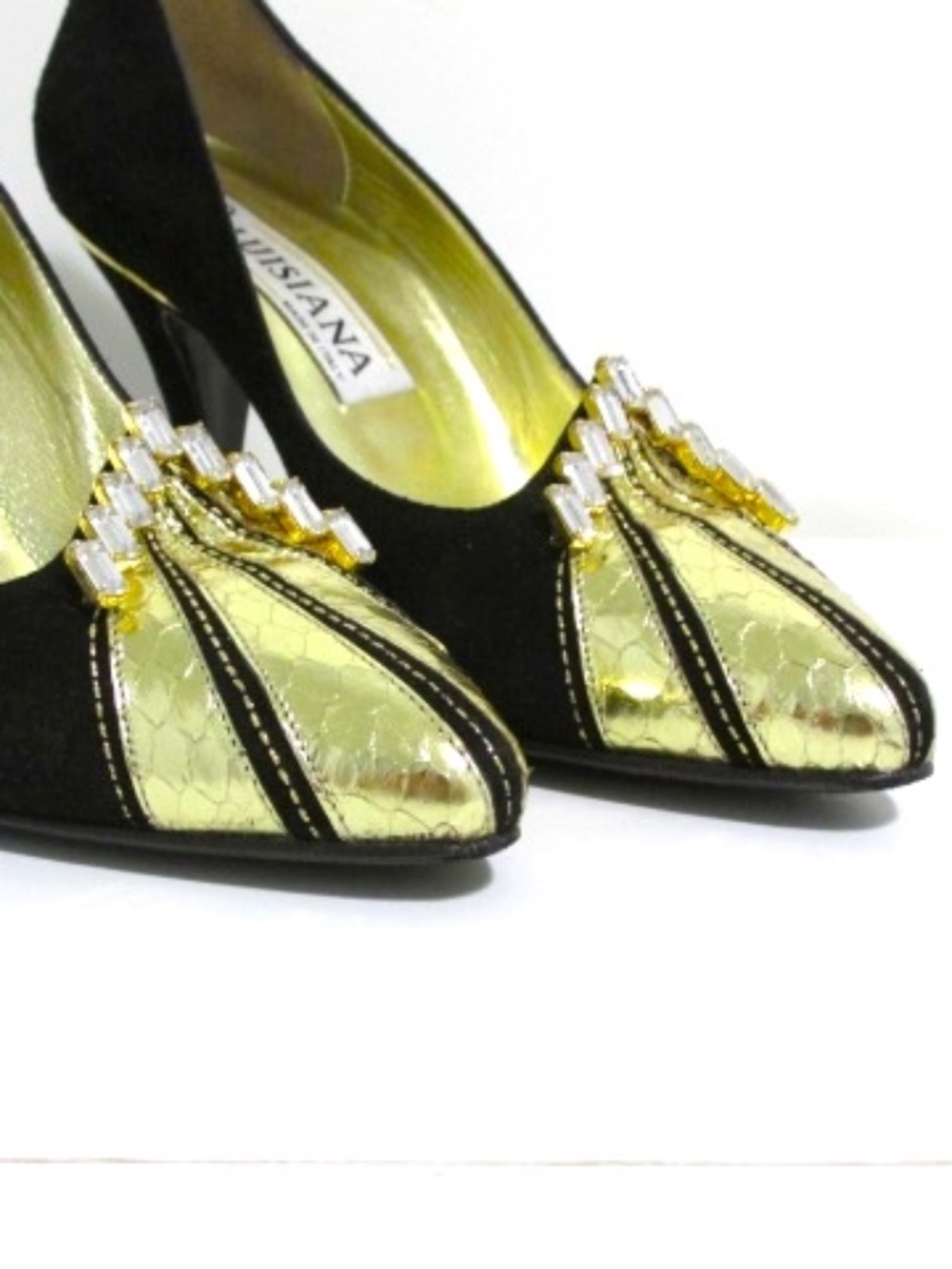 Vintage Black & Gold Suede Pumps with Rhinestone Dazzle, Size 36.5